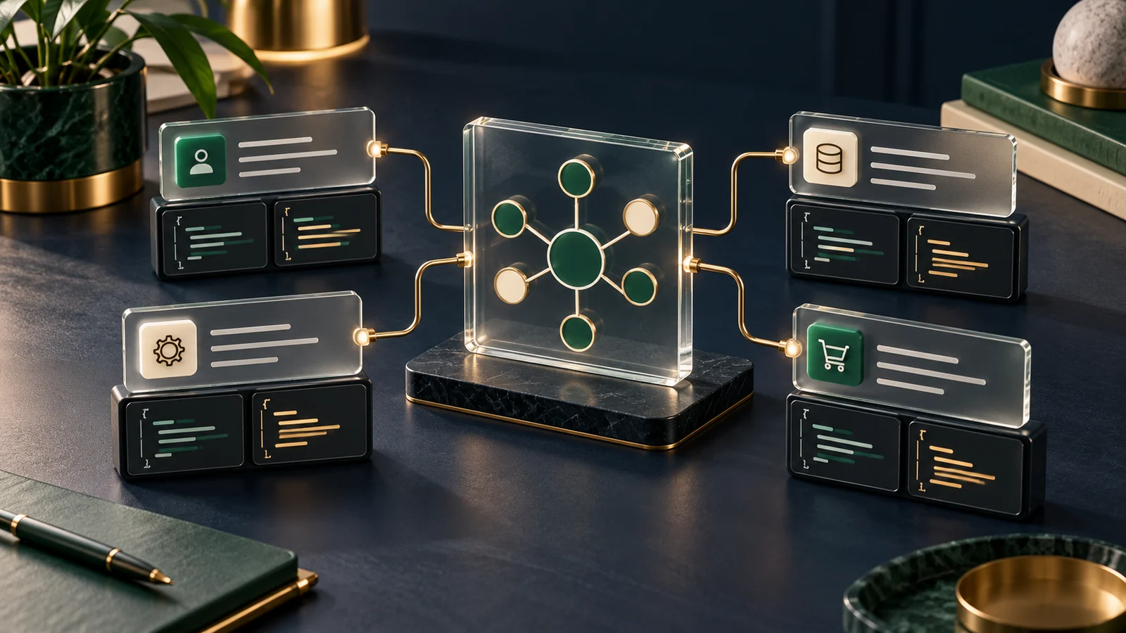 Conceptual illustration of a central structured glass schema branching into organized endpoint reference cards.