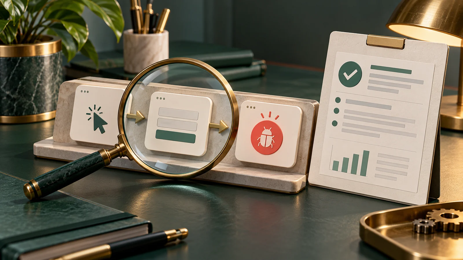 Conceptual illustration of a magnifying lens over a precise sequence of three interface cards.