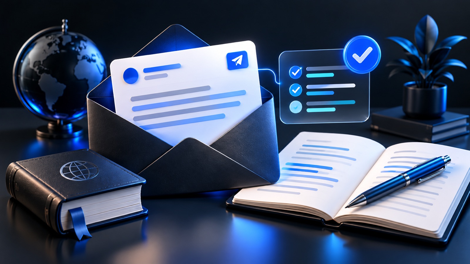 پاکت باز و کارت ایمیل کنار دفتر یادگیری، کتاب واژه و علامت بازبینی آبی