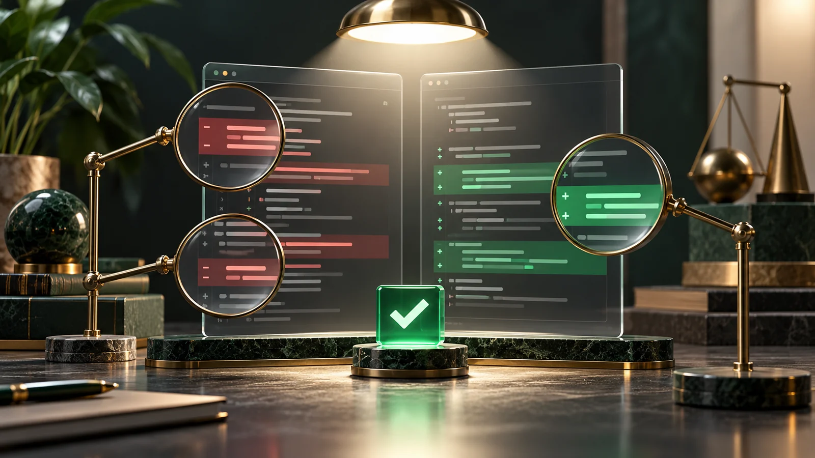 Conceptual illustration of two side-by-side translucent code panels under a focused inspection light.