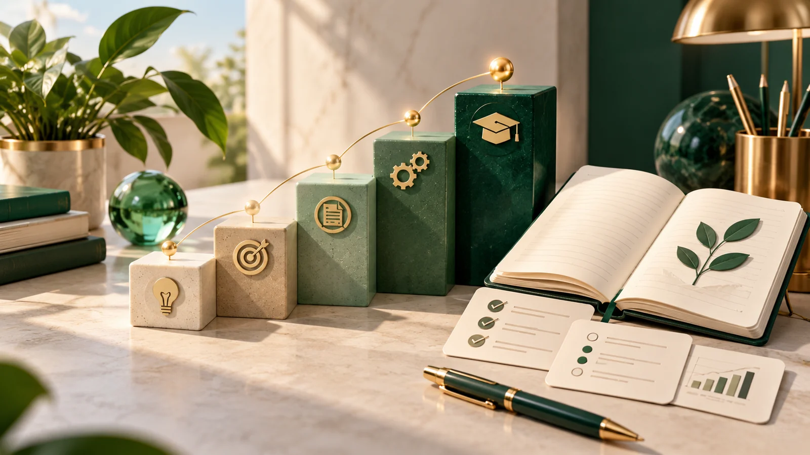 Conceptual illustration of an ascending sequence of five tactile lesson blocks leading to a completed learning artifact.