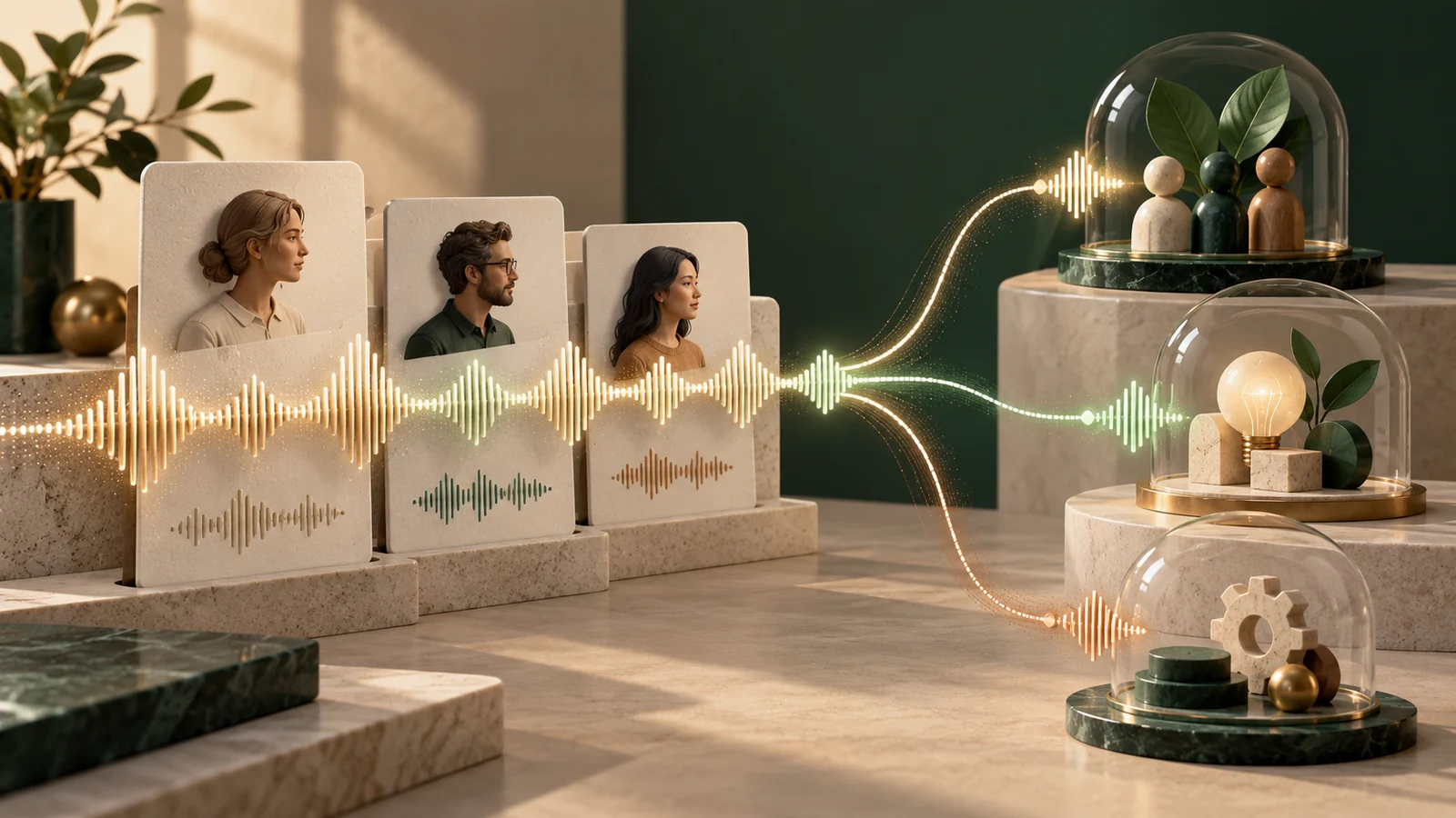 Conceptual illustration of an elegant audio waveform crossing numbered interview cards and converging into three carefully separated thematic clusters.