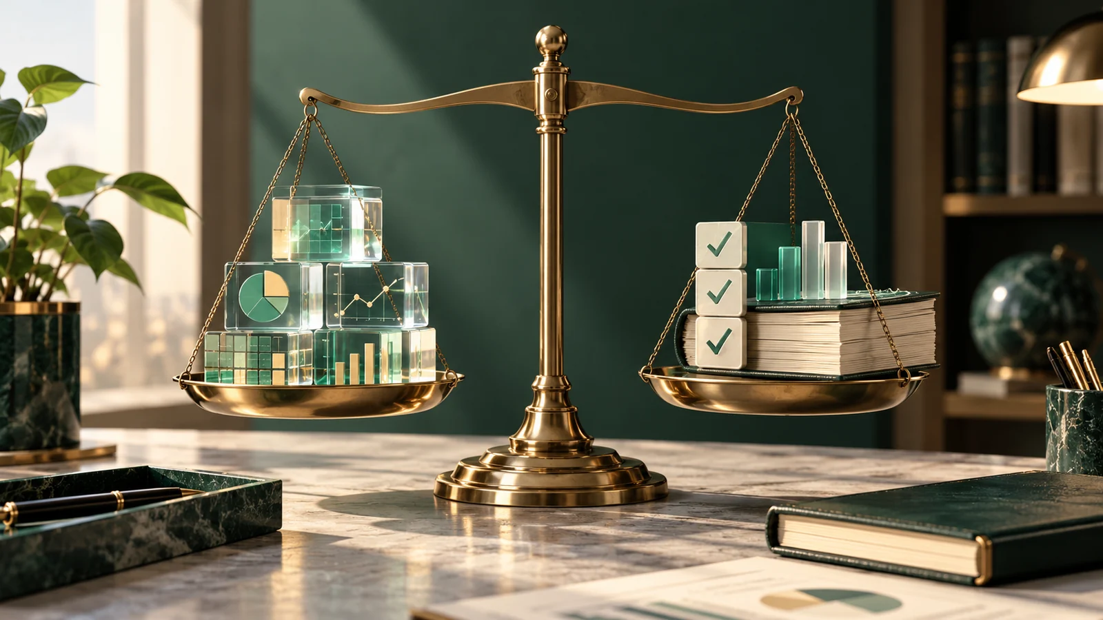 Conceptual illustration of a precise brass balance weighing glass data blocks against a ledger.