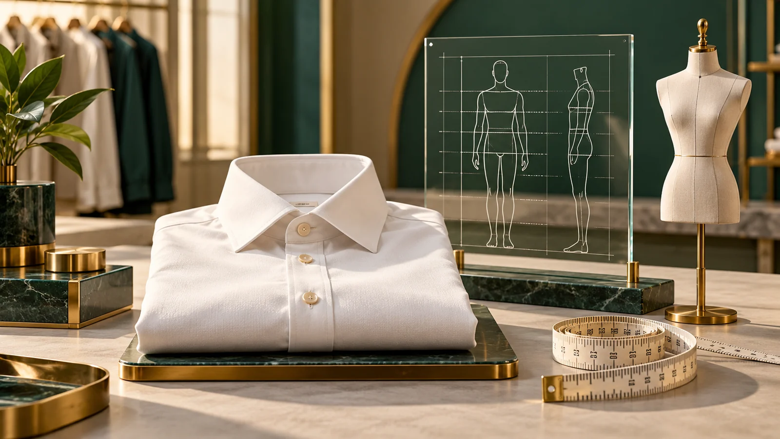 Conceptual illustration of a carefully folded premium shirt beside a measuring tape.