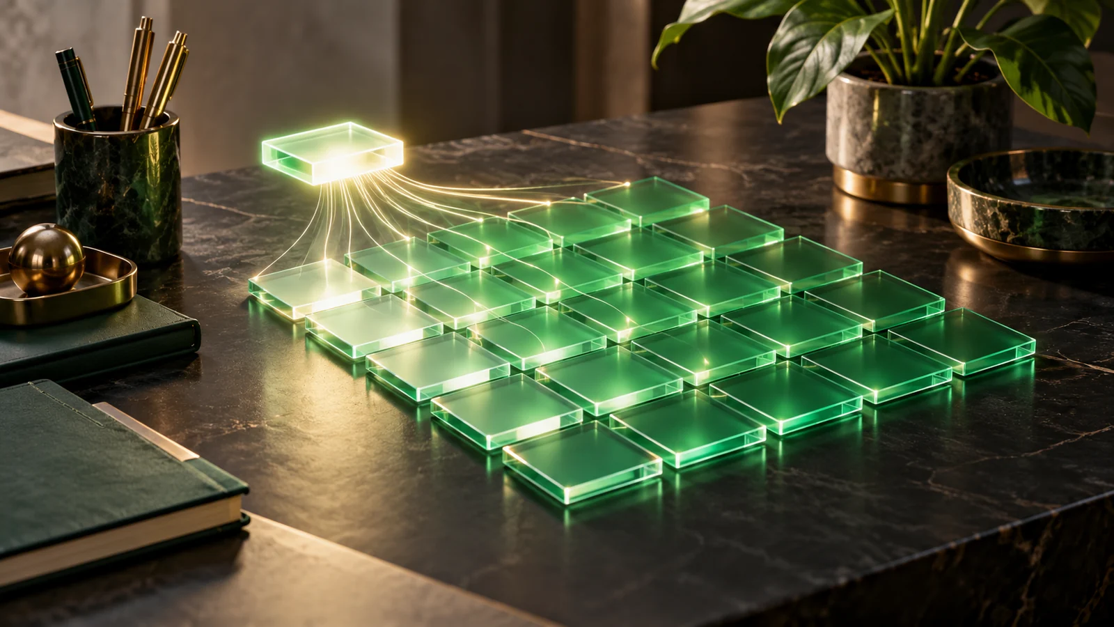 Conceptual illustration of one luminous spreadsheet cell expanding into a perfectly aligned grid of emerald cells.