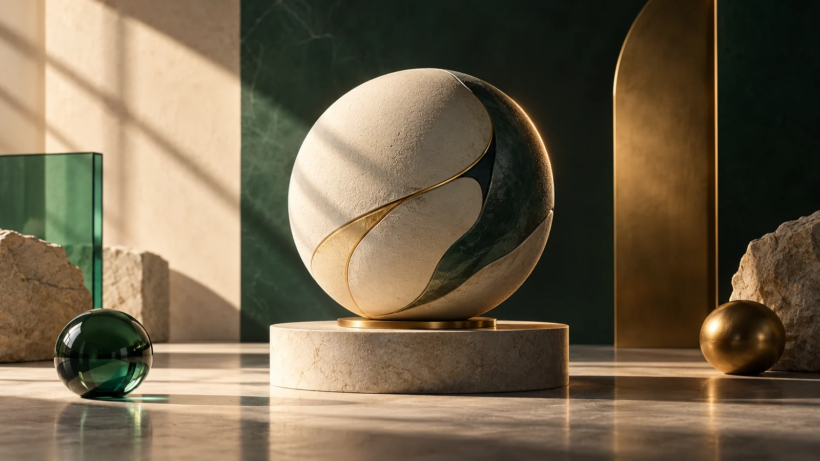 Conceptual illustration of a single sculptural ceramic sphere on a plinth illuminated by a beautiful large softbox from the side.