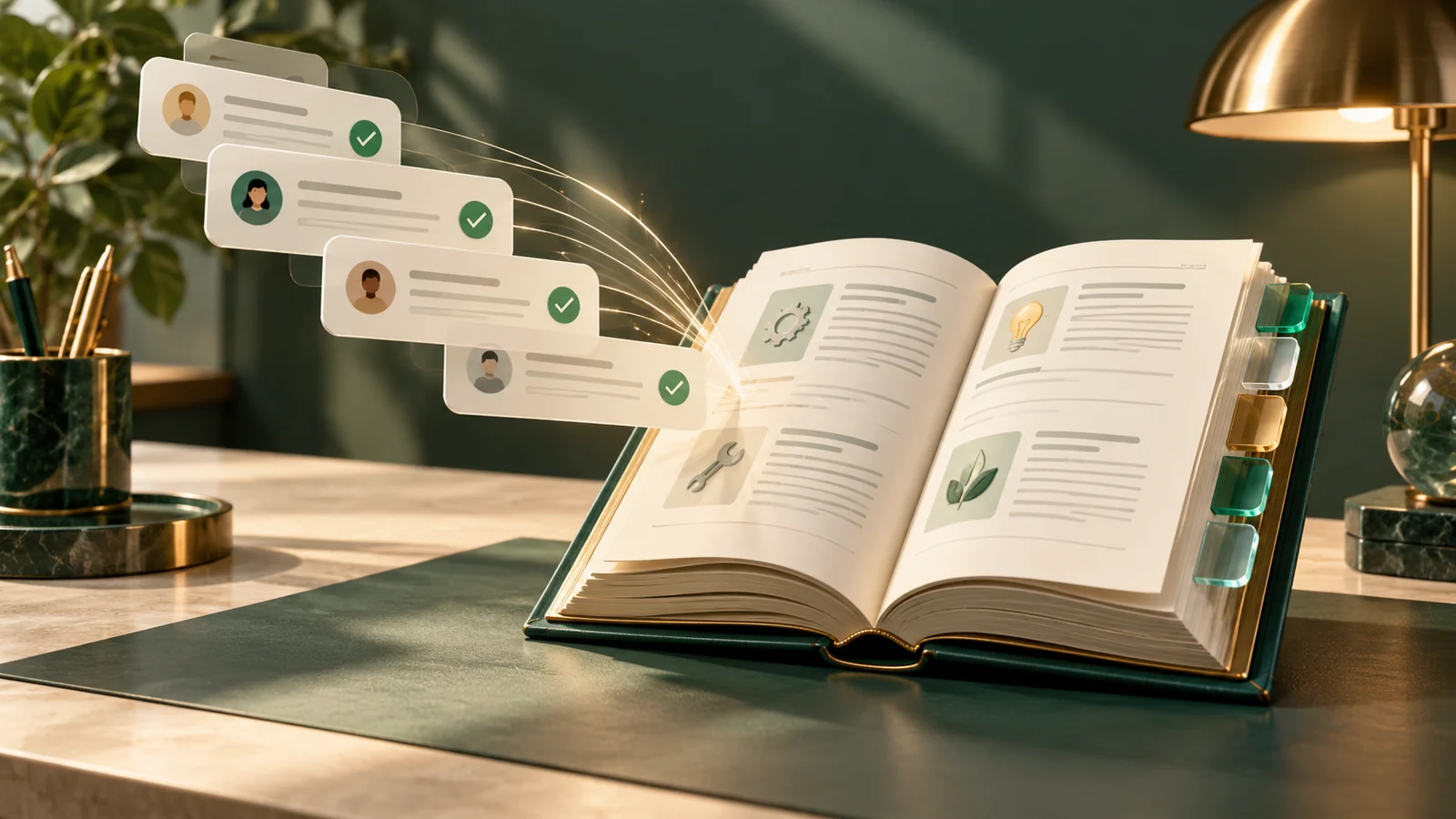 Conceptual illustration of resolved service cards transforming into a neatly bound open reference book with ordered glass index tabs.