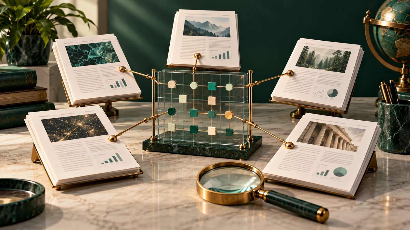 Conceptual illustration of five research paper folios arranged around a transparent evidence matrix.