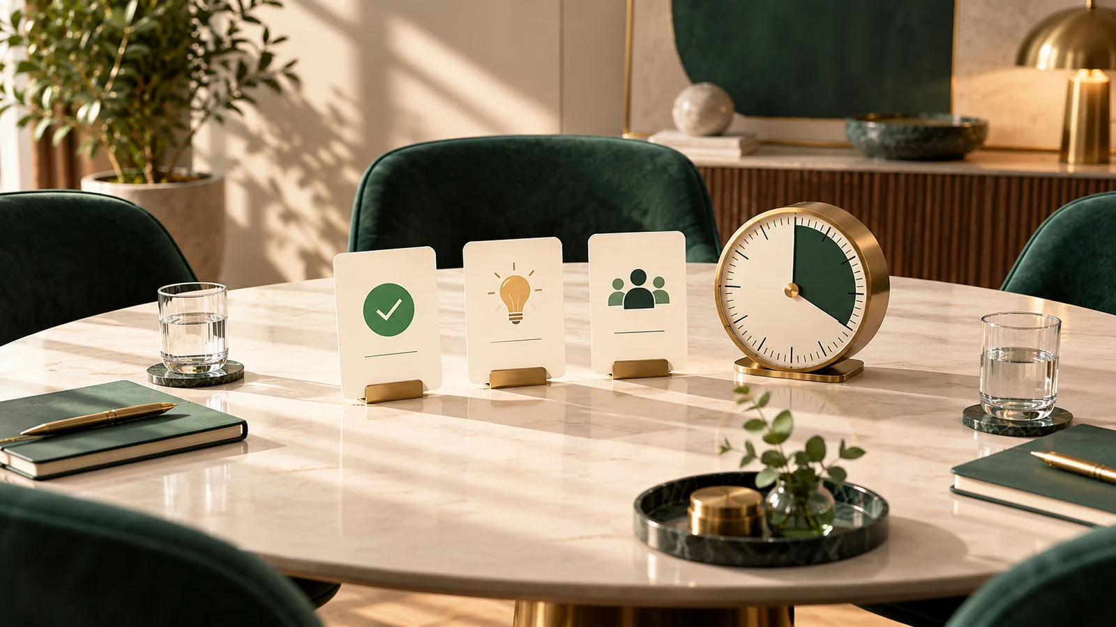 Conceptual illustration of a minimal round meeting table with three decision cards and a precise analog timer.