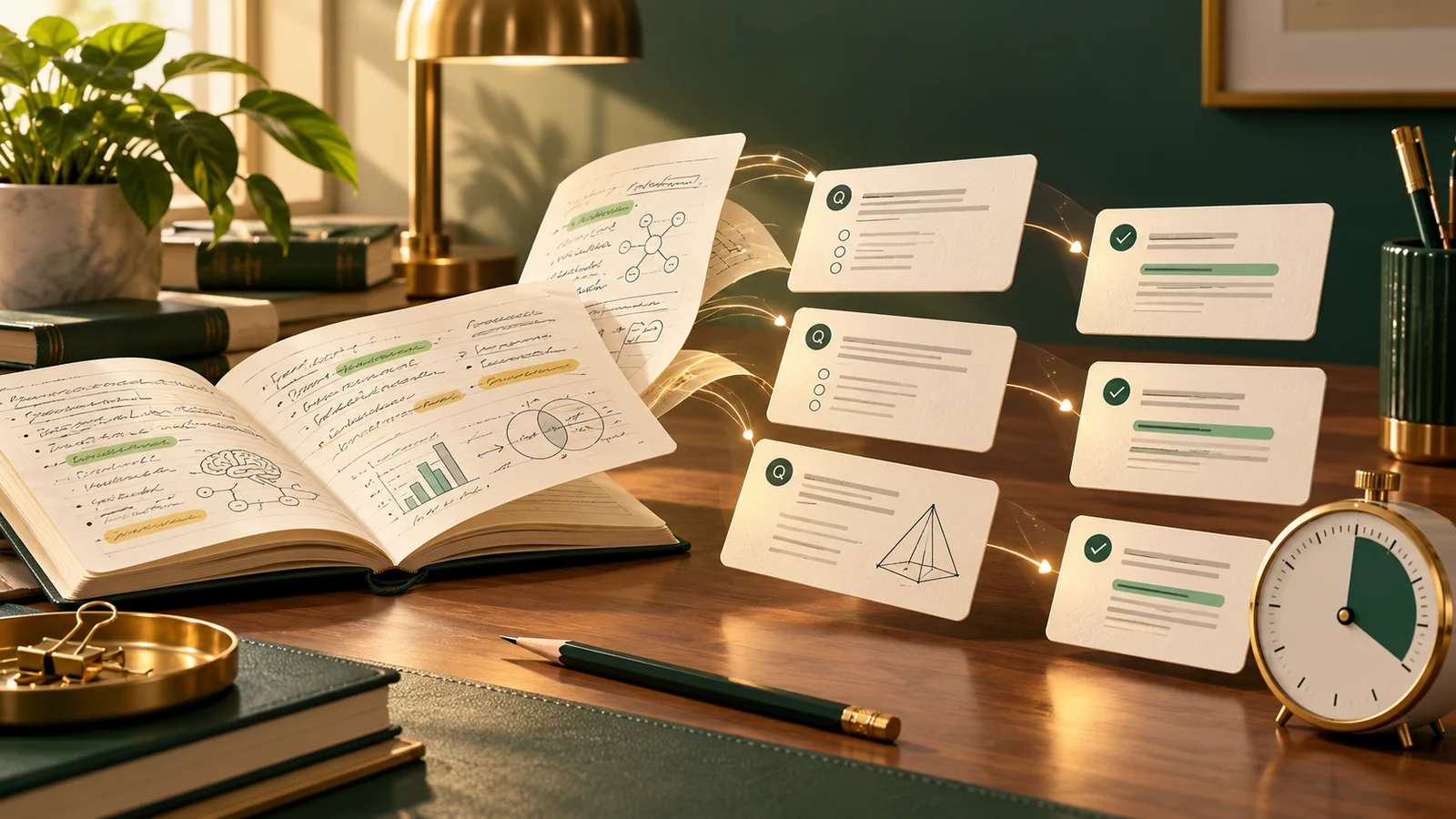 Conceptual illustration of study notes unfolding into carefully separated question and answer cards.