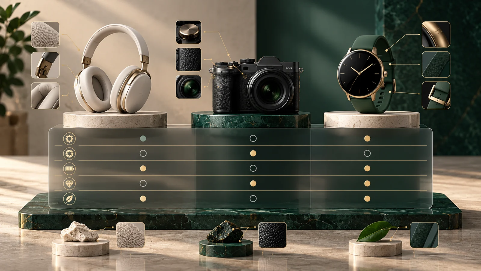 Conceptual illustration of three unbranded precision product objects on equal platforms beside an aligned glass comparison grid and small source tags.