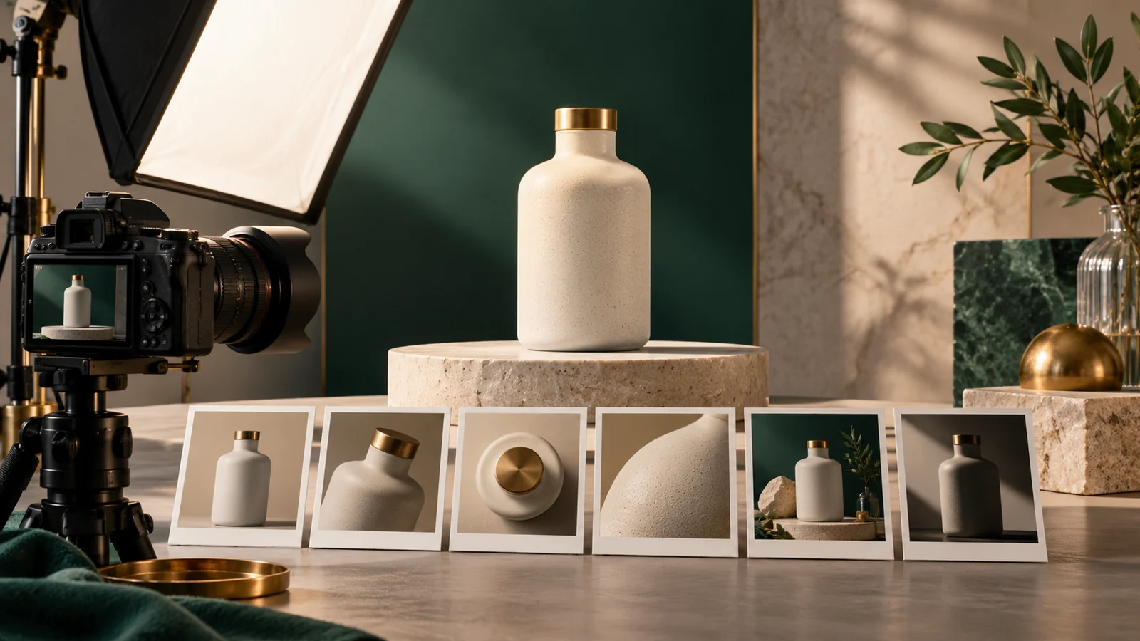 Conceptual illustration of an unbranded ceramic bottle arranged in a premium miniature photography studio with camera.
