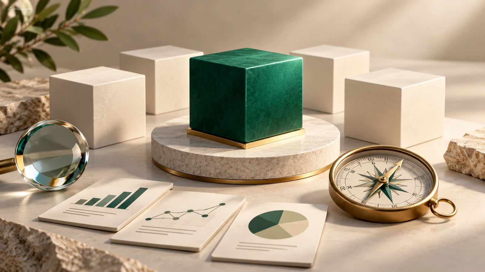 Conceptual illustration of a distinctive emerald product block precisely positioned among understated ivory alternative blocks.
