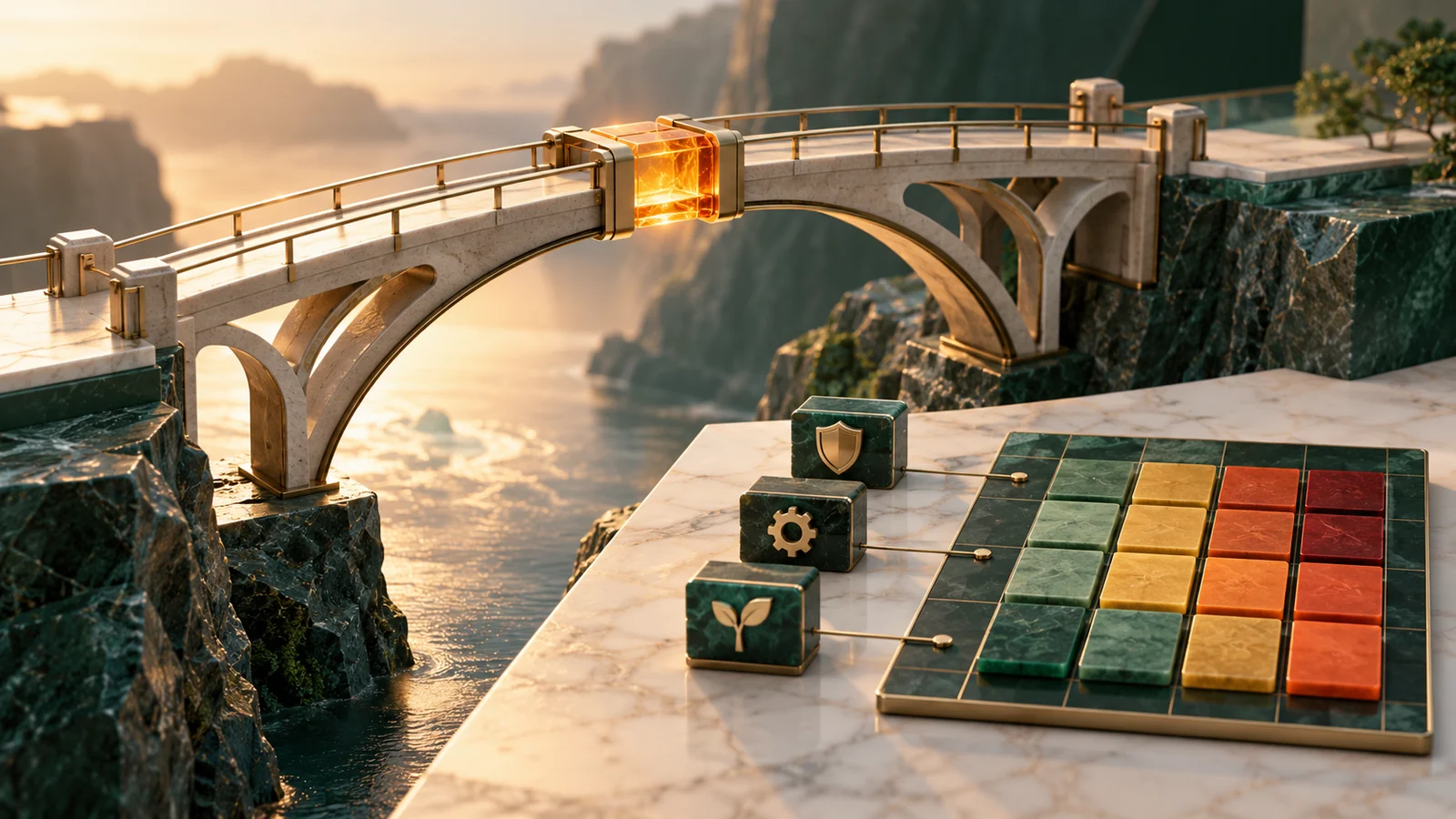 Conceptual illustration of an elegant architectural bridge with one illuminated amber dependency joint.