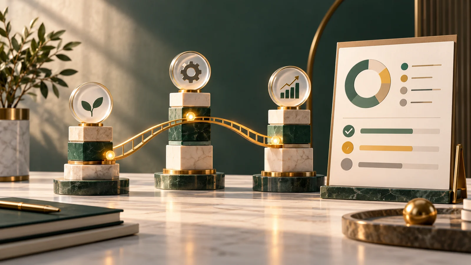 Conceptual illustration of a neatly arranged weekly project ledger with three milestone towers.