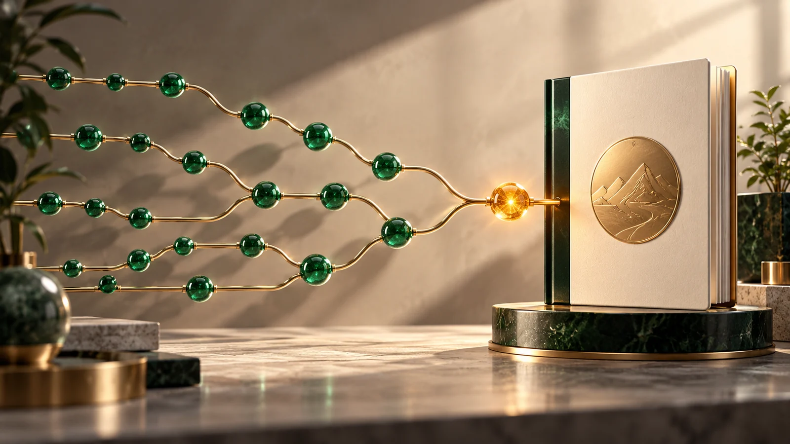 Conceptual illustration of a sculptural branching commit timeline converging into a single polished release booklet.