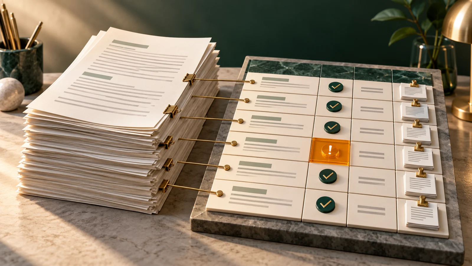 Conceptual illustration of a tall request document aligned with an orderly response matrix.