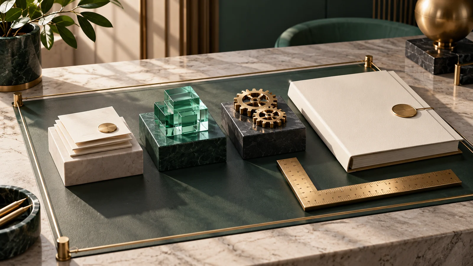 Conceptual illustration of a precisely bounded architectural work area containing three finished deliverable blocks.