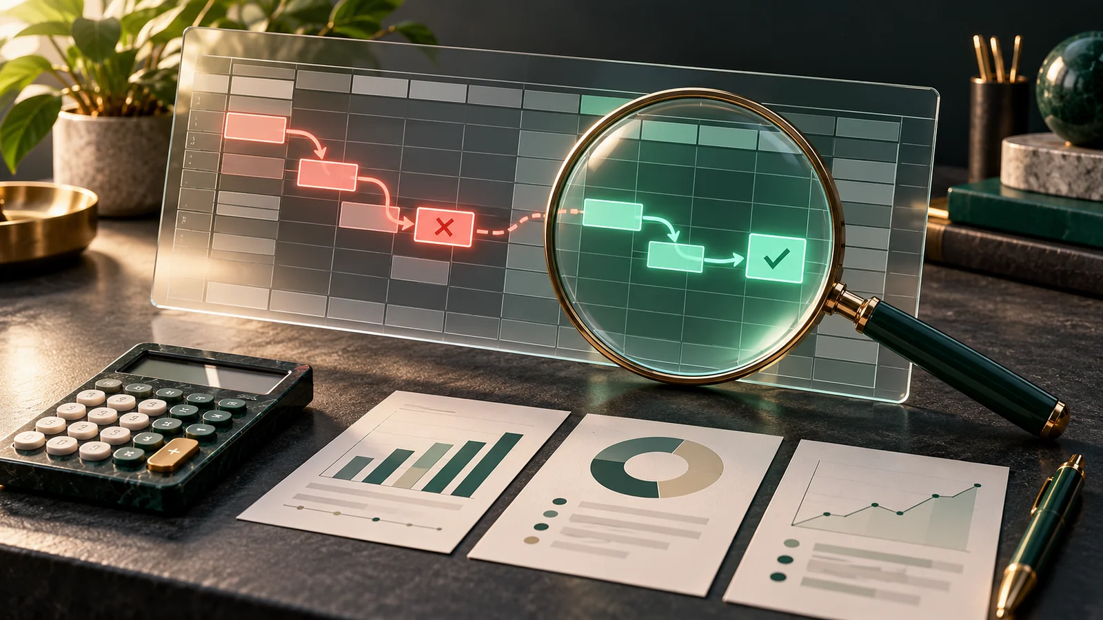 Conceptual illustration of a translucent spreadsheet with one broken coral formula path becoming a precise mint-green verified path through a magnifying glass.