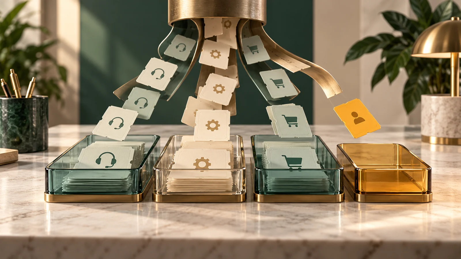 Conceptual illustration of a controlled stream of small paper support cards sorting into three glass trays.