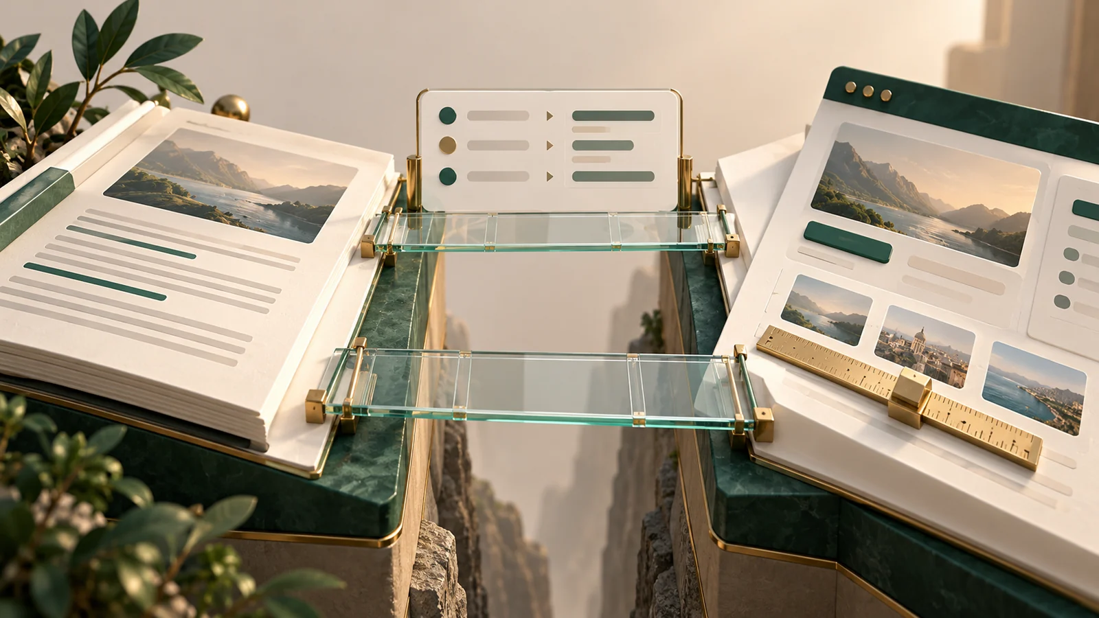 Conceptual illustration of two parallel pages connected by precise aligned glass bridges.
