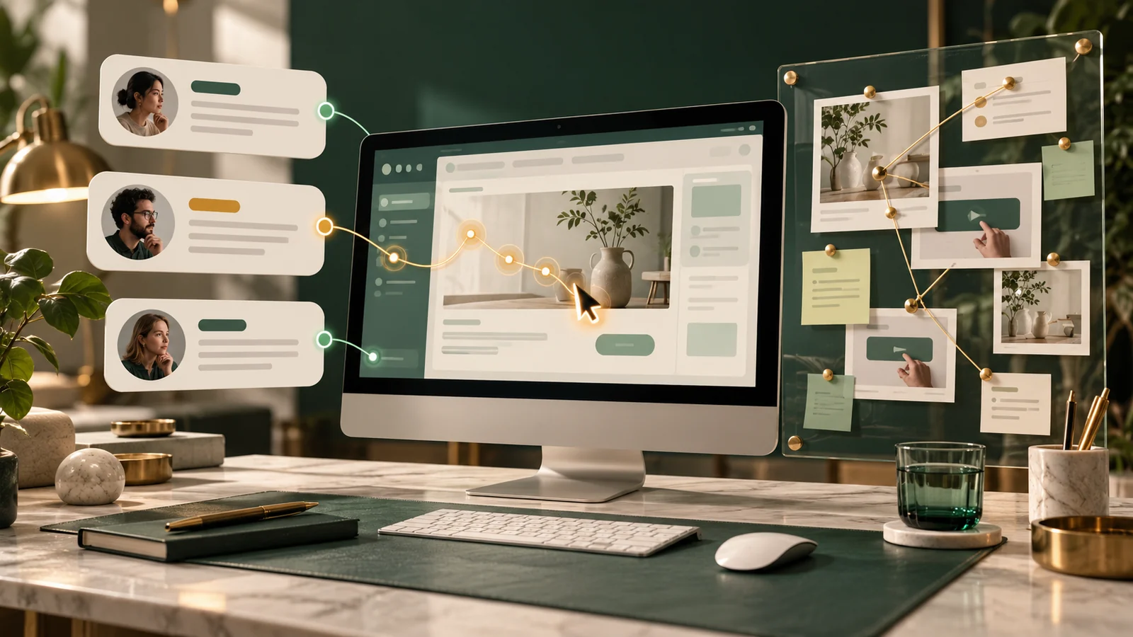 Conceptual illustration of a desktop interface model surrounded by three observer note cards.