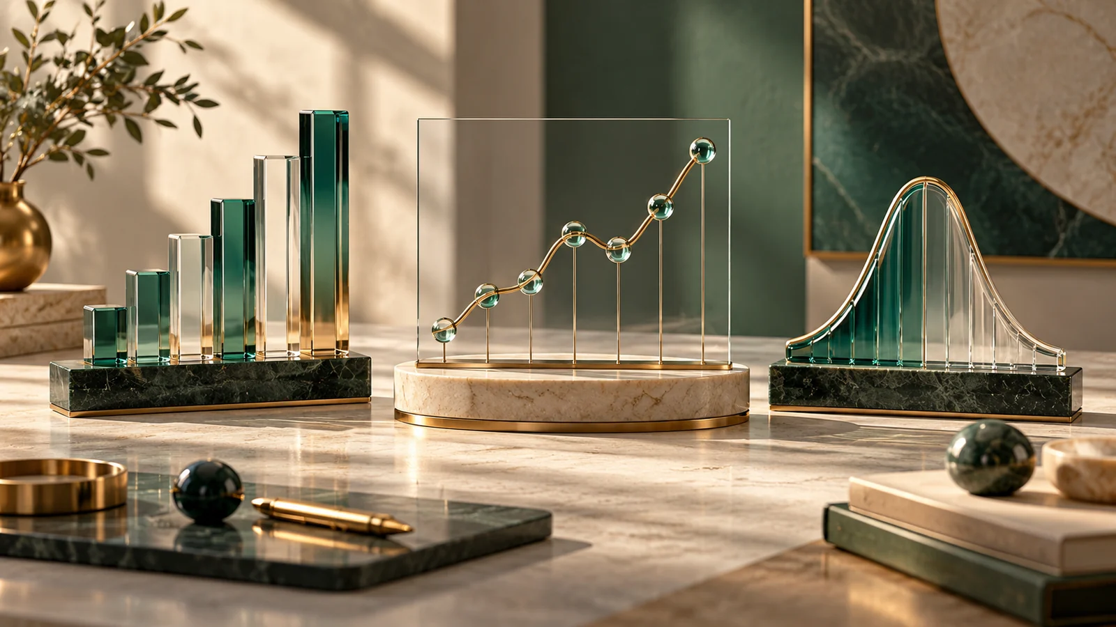 Conceptual illustration of three elegant glass chart sculptures.
