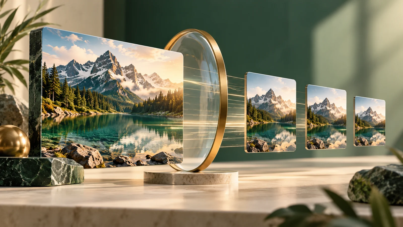Conceptual illustration of a large detailed photographic tile refining into three crisp lightweight image tiles passing through a glass aperture.